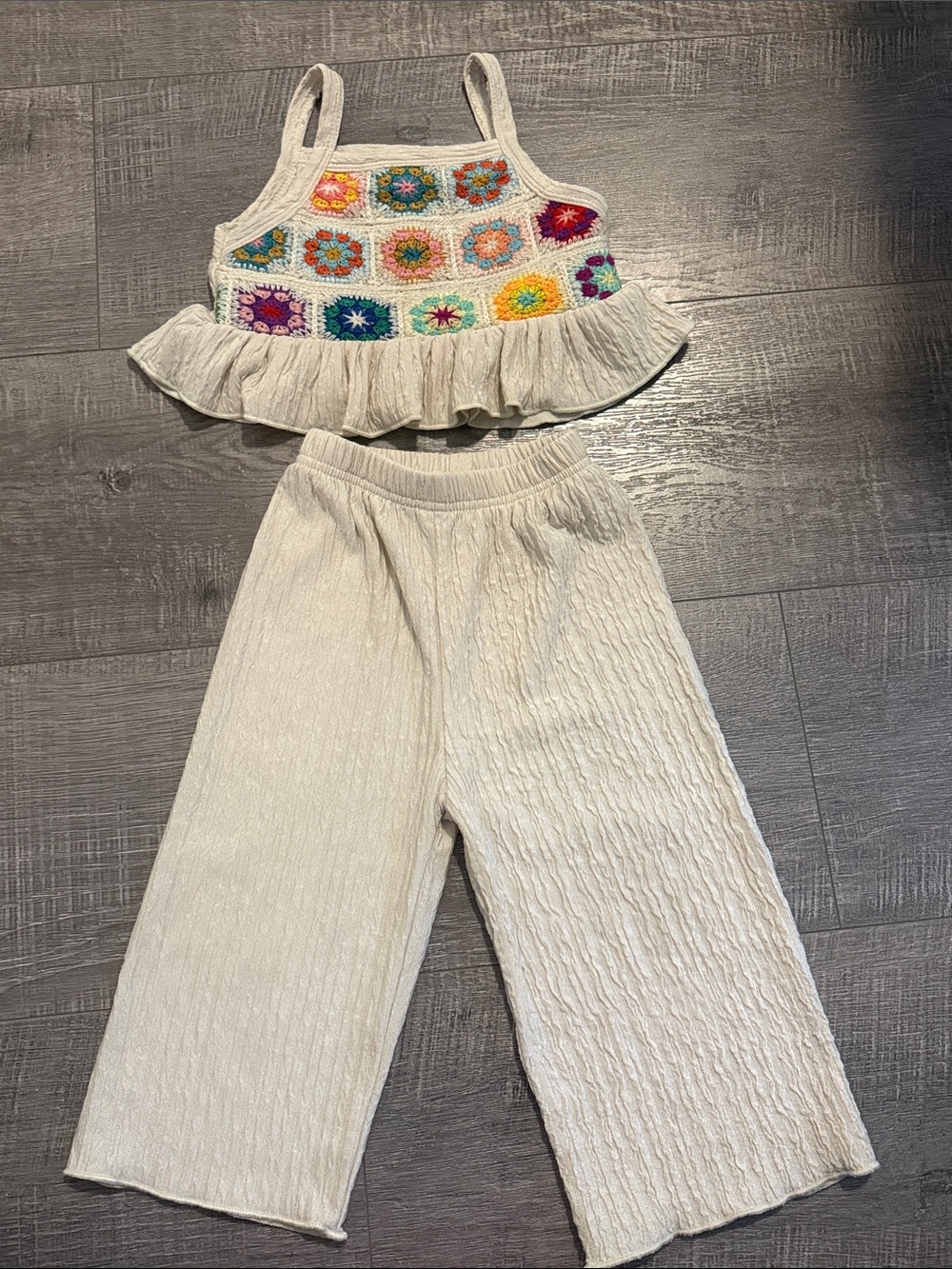 Cream Crochet-Accent Toddler Matching Set - Top & Pants